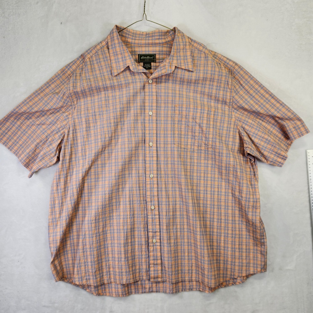 Eddie Bauer Mens 3XL Short Sleeve Plaid Button Up Shirt Orange Blue Cotton Blend